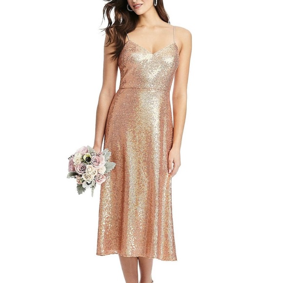 Dessy Collection SPAGHETTI STRAP FLARED SKIRT SEQUIN MIDI DRESS IN COPPER ROSE